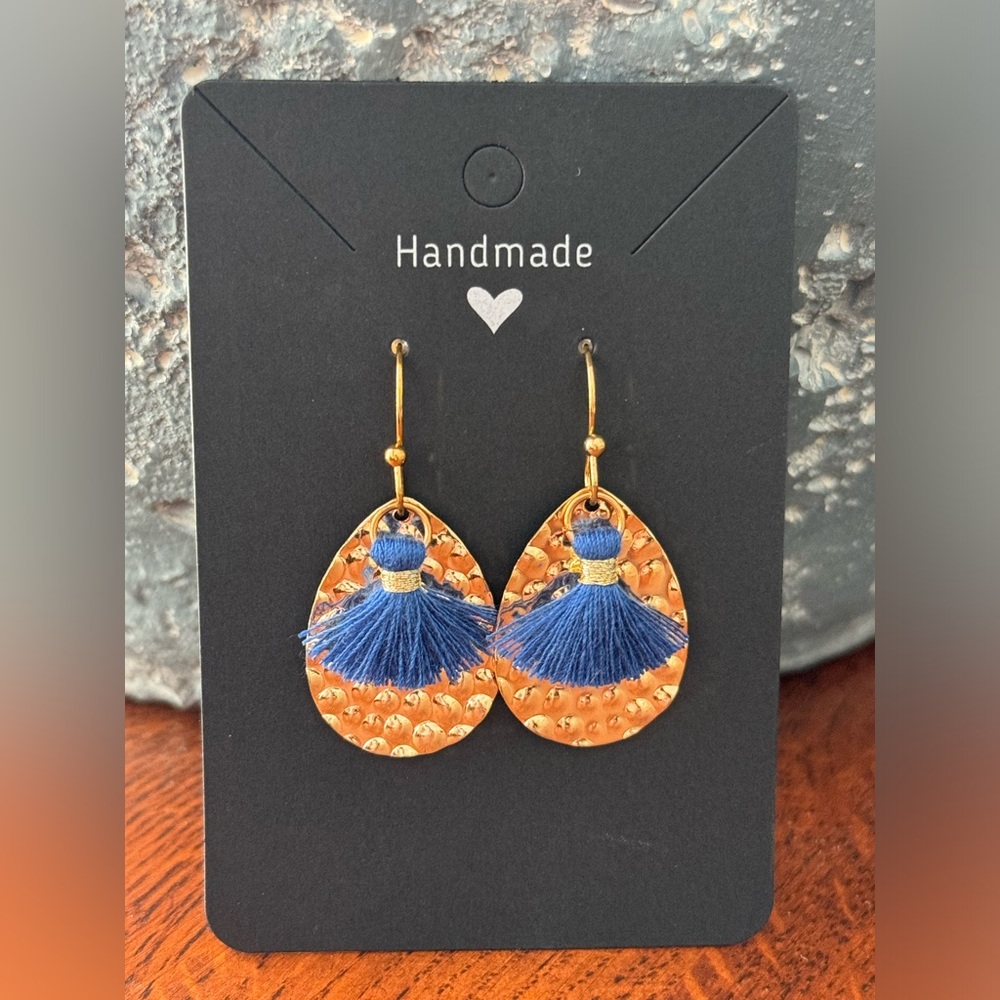 Handmade Stamped Metal Gold Tone Earrings with Blue Tassels